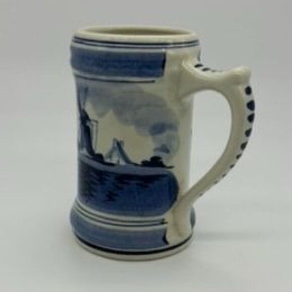 Vintage Delft Blauw Hand Decorated Blue Small Windmill Mug, Holland, Signed 5 in - Picture 2 of 11